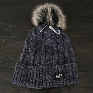 UGG Navy/Charcoal Knit Hat with Faux Fur Pom